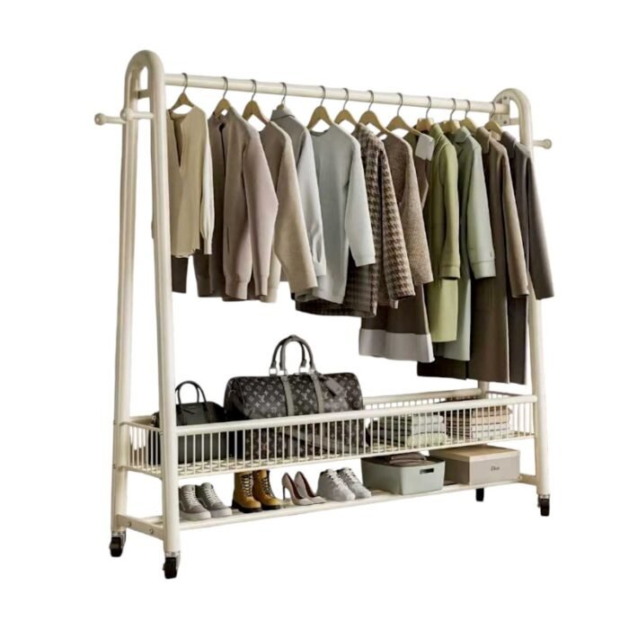 Τροχήλατη κρεμάστρα δαπέδου με ράφια  - 12008A - 282265 - White